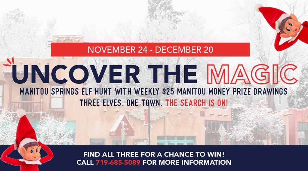 Holiday elf hunt in Manitou Springs Colorado. Find all three elves for a chance to win!