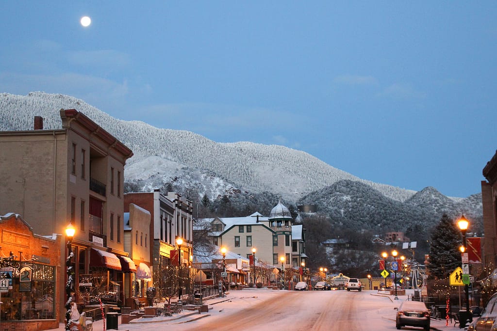 snow moon over Manitou Springs